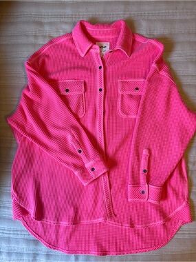 aerie Neon Pink Waffle Button-Down Shirt